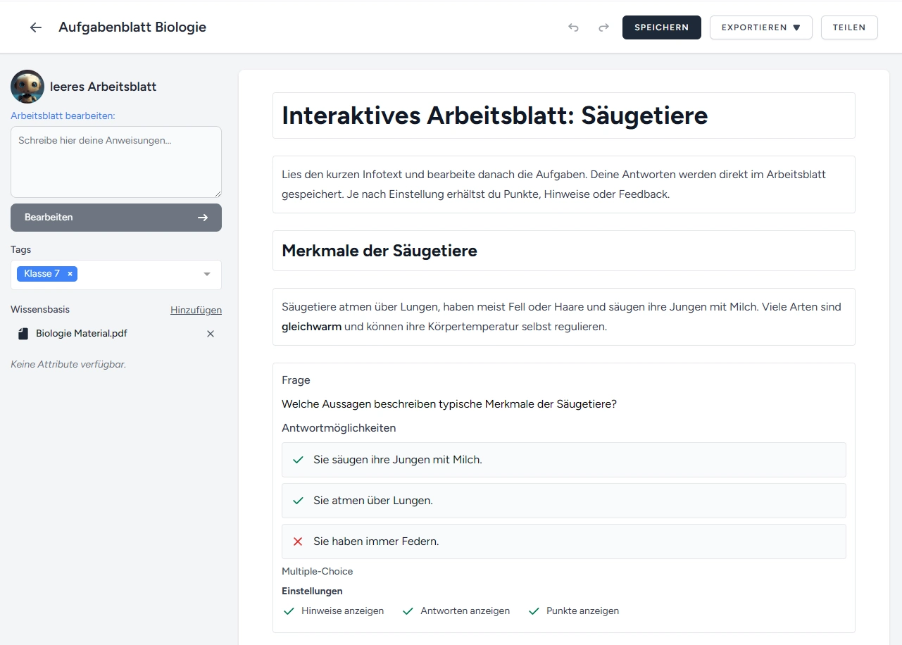 Screenshot interaktiver Arbeitsblätter in schulKI